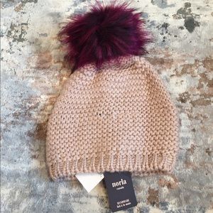 NORLA Faux Fur Pompom Cinched Knit Beanie